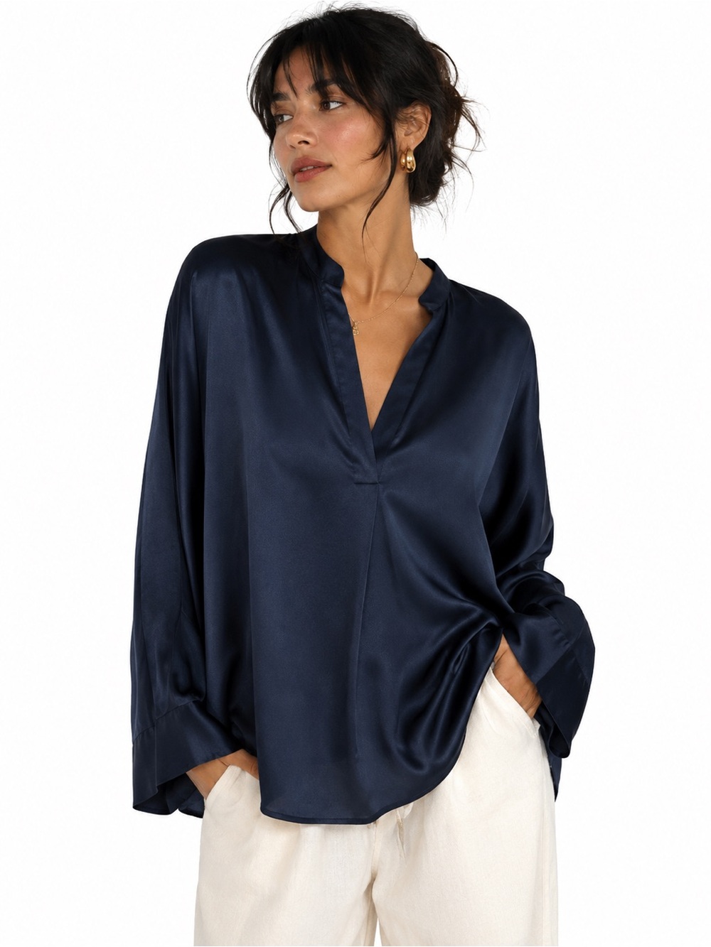 Vince Silk Navy Blue V-Neck Long-Sleeve Blouse 100% Silk Small